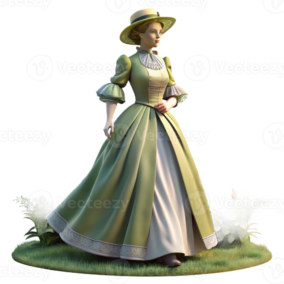 dramatic rustic A Victorian lady in a bustle gown strolls through a park, dappled sunlight, Impressionist painting style high resolution png