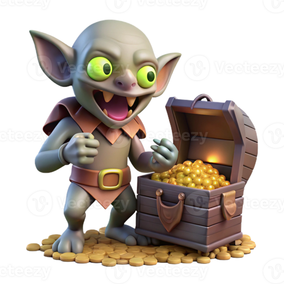 wonderful modern A mischievous goblin scavenging in a treasure cave, its eyes gleaming with greed. Dark, atmospheric lighting. Fantasy art style detailed png