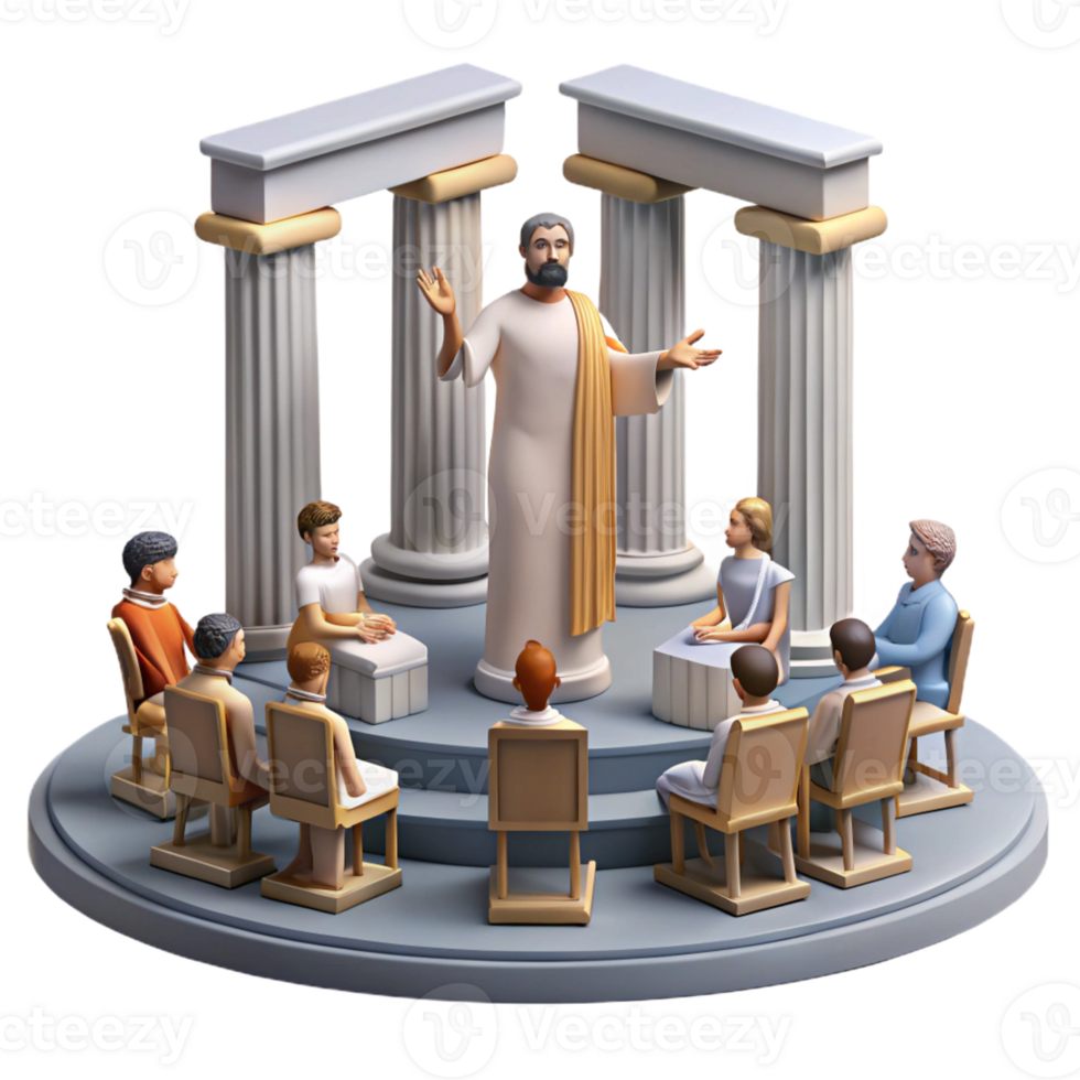 stunning rustic An ancient Greek philosopher lectures his students in an open-air amphitheater, bright, natural lighting, classical sculpture style original png