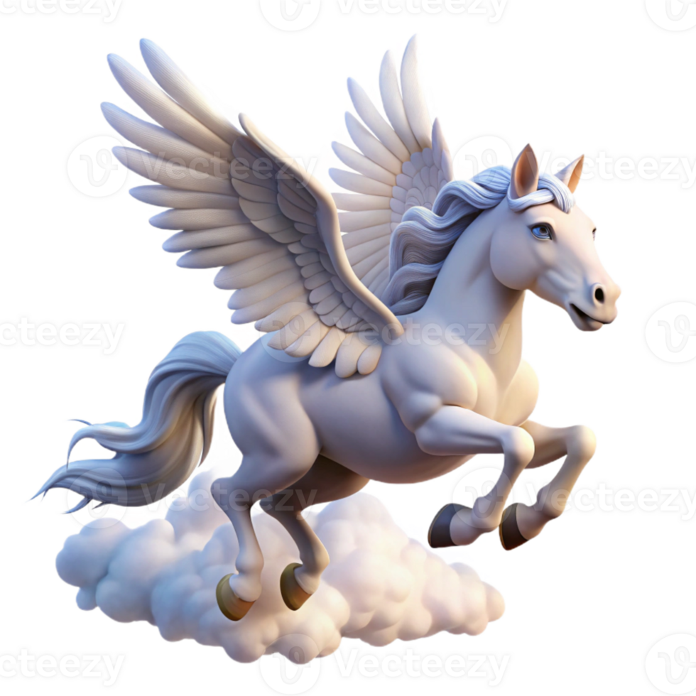 serene traditional A winged Pegasus soaring through the clouds, sunlight glinting off its white coat. Dynamic pose, realistic rendering professional png