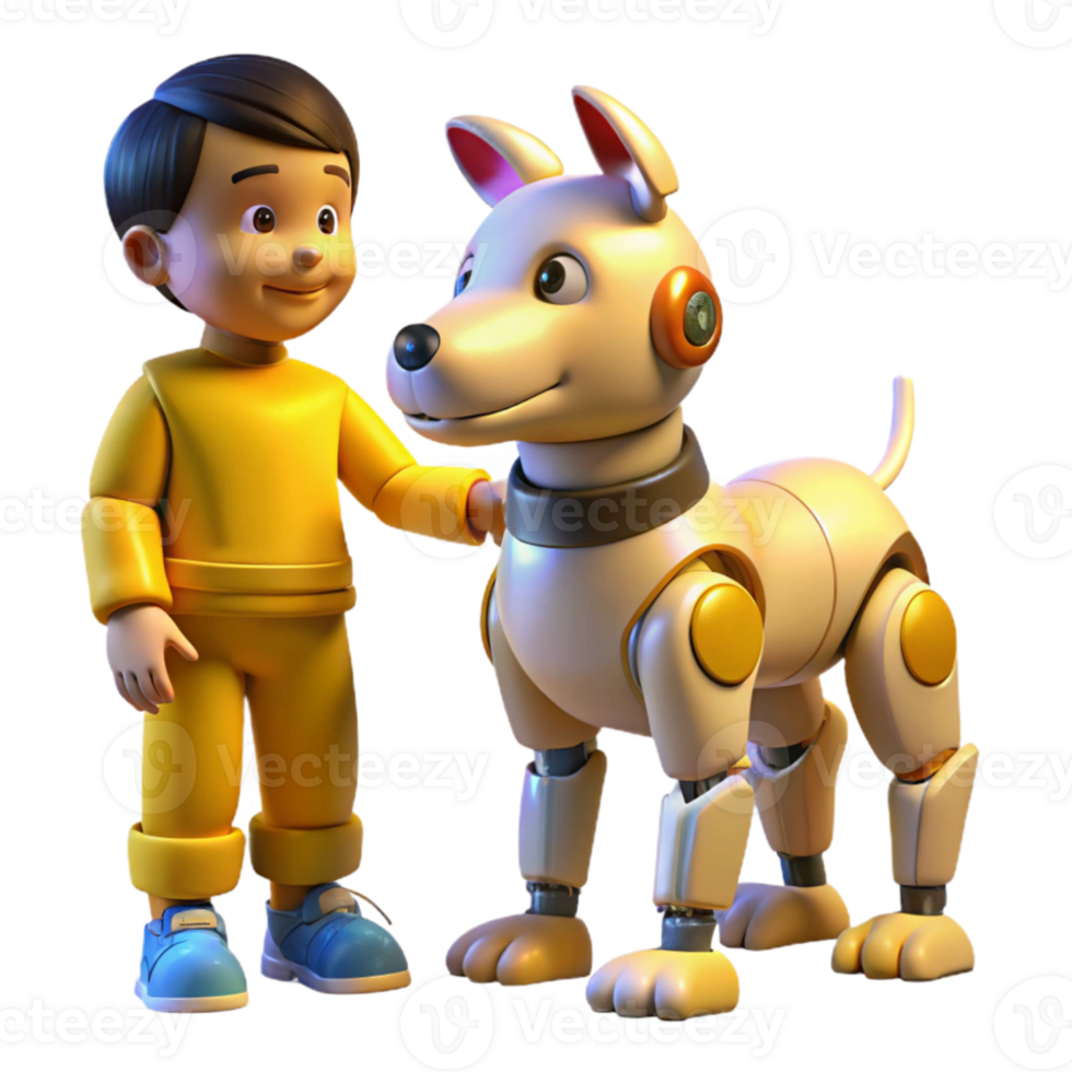 wonderful artistic A robotic dog interacting with a child, warm yellow lighting, playful style original png