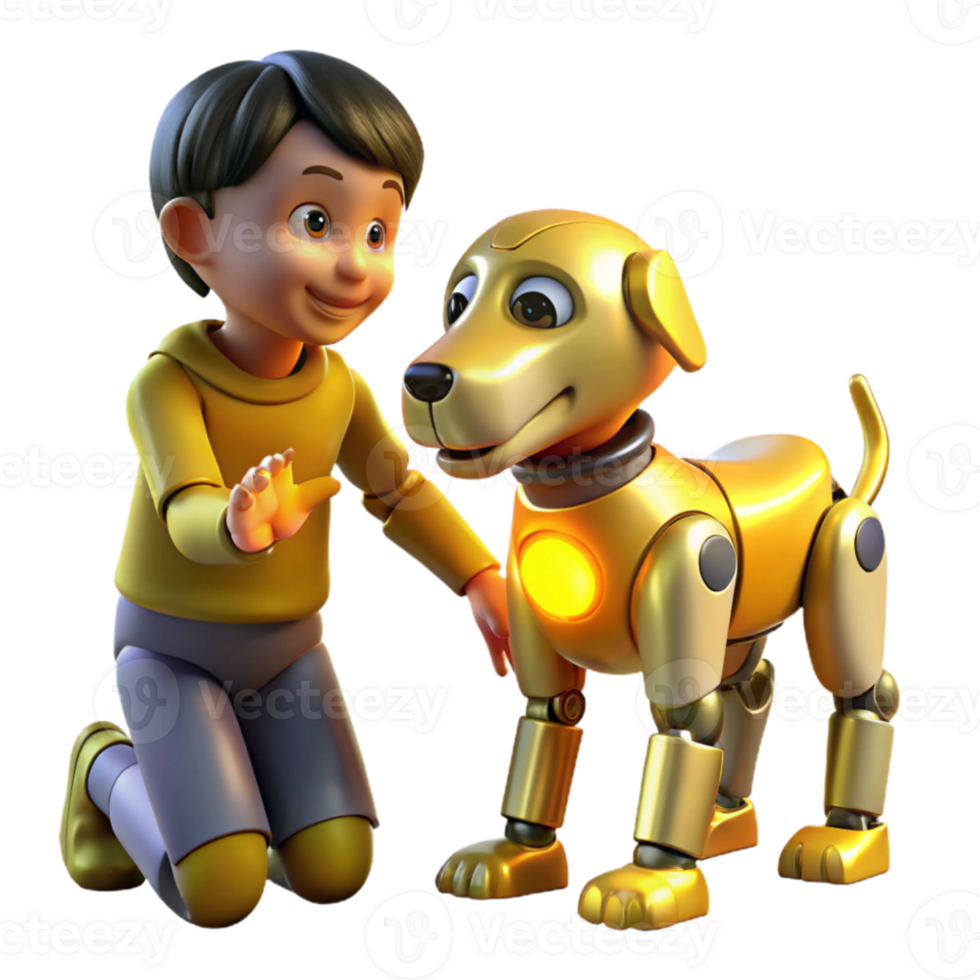 vibrant rustic A robotic dog interacting with a child, warm yellow lighting, playful style exclusive png