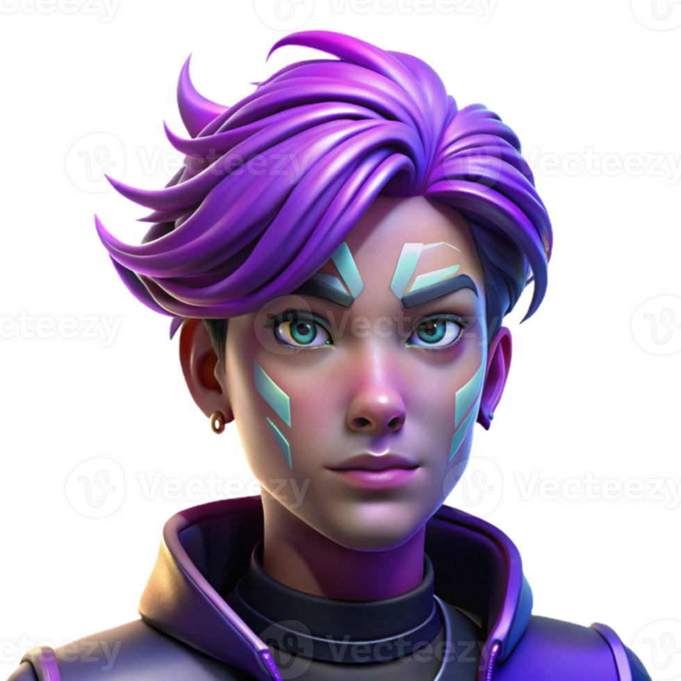 stunning rustic Portrait of a nonbinary person with vibrant purple hair and intricate face paint, illuminated by neon lights, in a cyberpunk style exclusive png