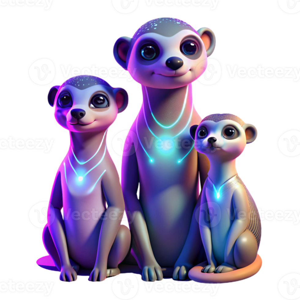 wonderful contemporary A family of meerkats stargazing, celestial neon lighting, cyberpunk style high resolution png
