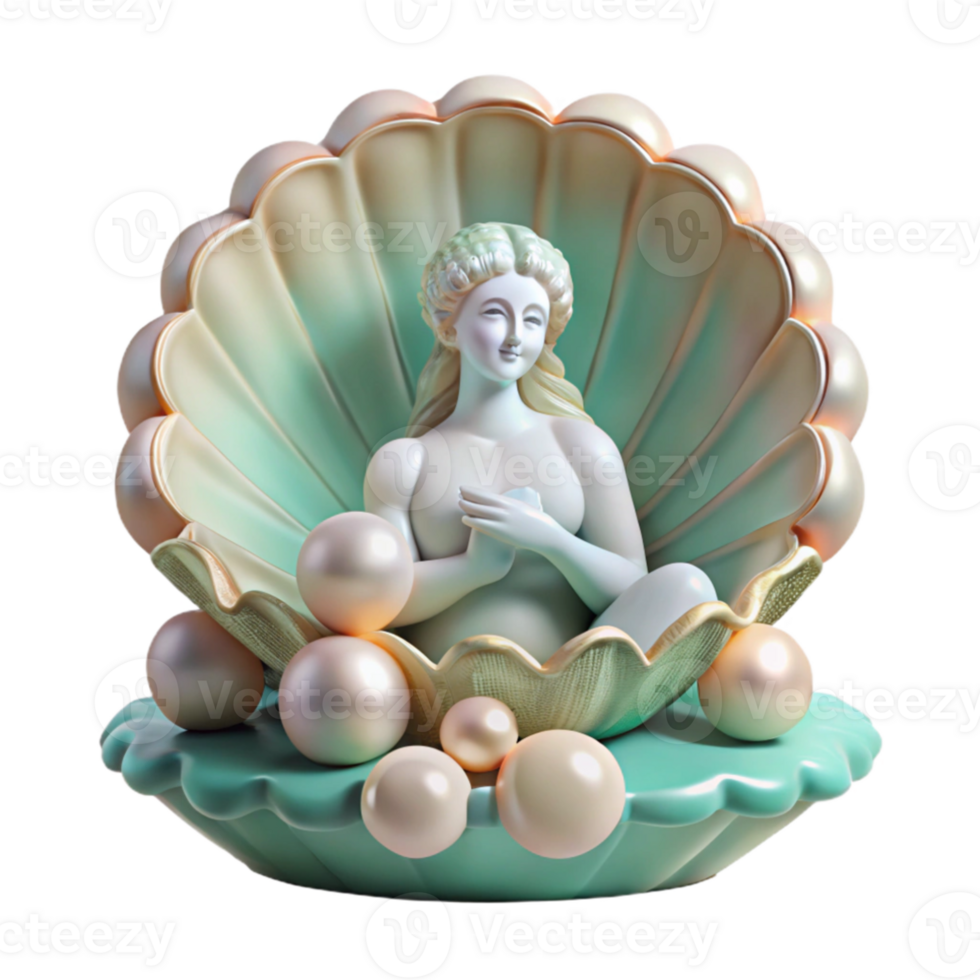 elegant contemporary A serene Aphrodite rising from a giant scallop shell, adorned with pearls and coral, surrounded by gentle seafoam, in a classical, Renaissance painting style exclusive png