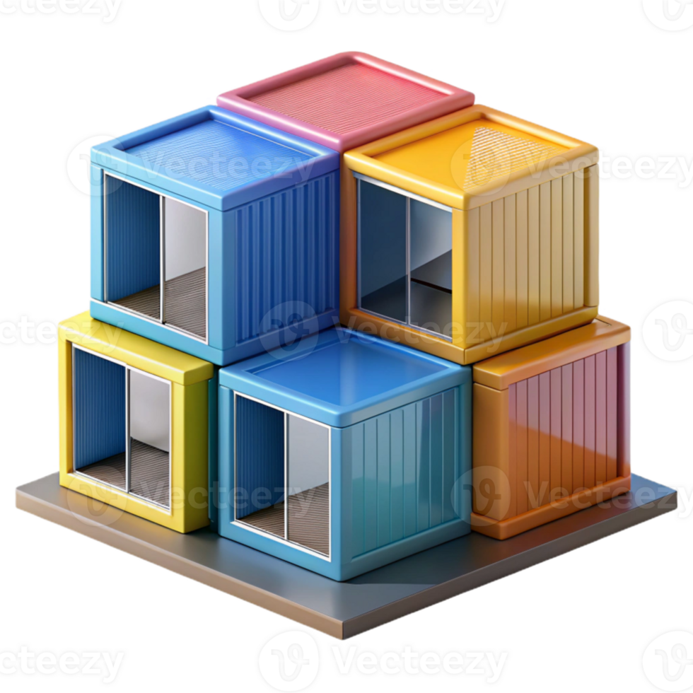 stunning traditional Prefabricated modular housing units, stacked in a geometric arrangement, vibrant colored panels, futuristic city backdrop lighting 4K png