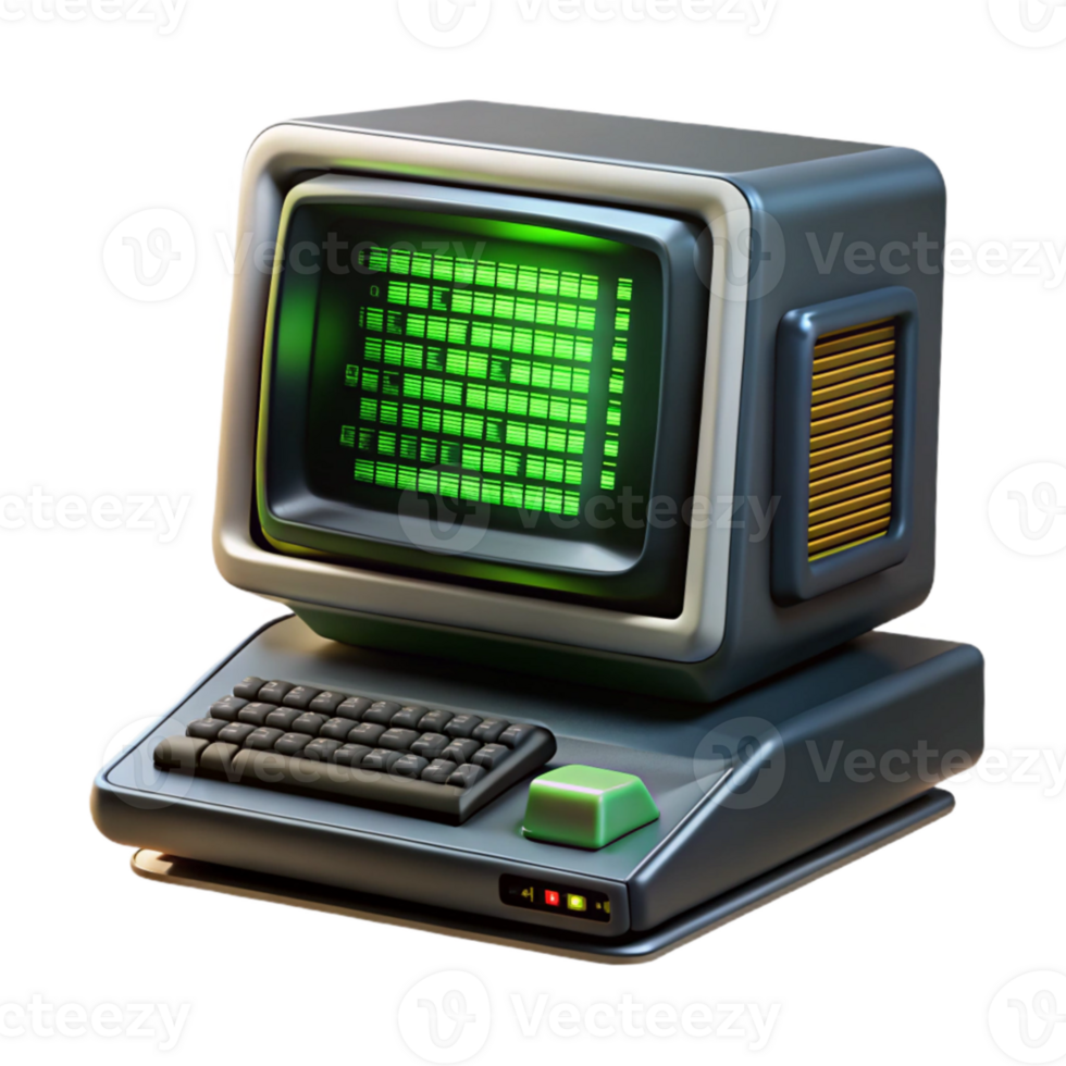 beautiful artistic A vintage computer terminal displaying complex code, flickering green text on a black screen, dimly lit room, retrofuturistic style professional png