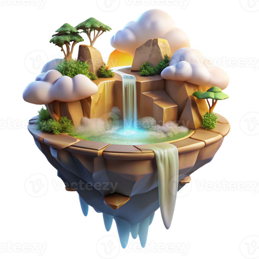 elegant classic A serene, floating island with waterfalls cascading down its sides, surrounded by a swirling mist, illuminated by a soft, golden light. Fantasy landscape art style original png
