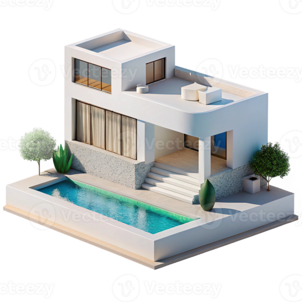 elegant artistic Modernist villa, white concrete, geometric forms, poolside view, minimalist aesthetic high quality png