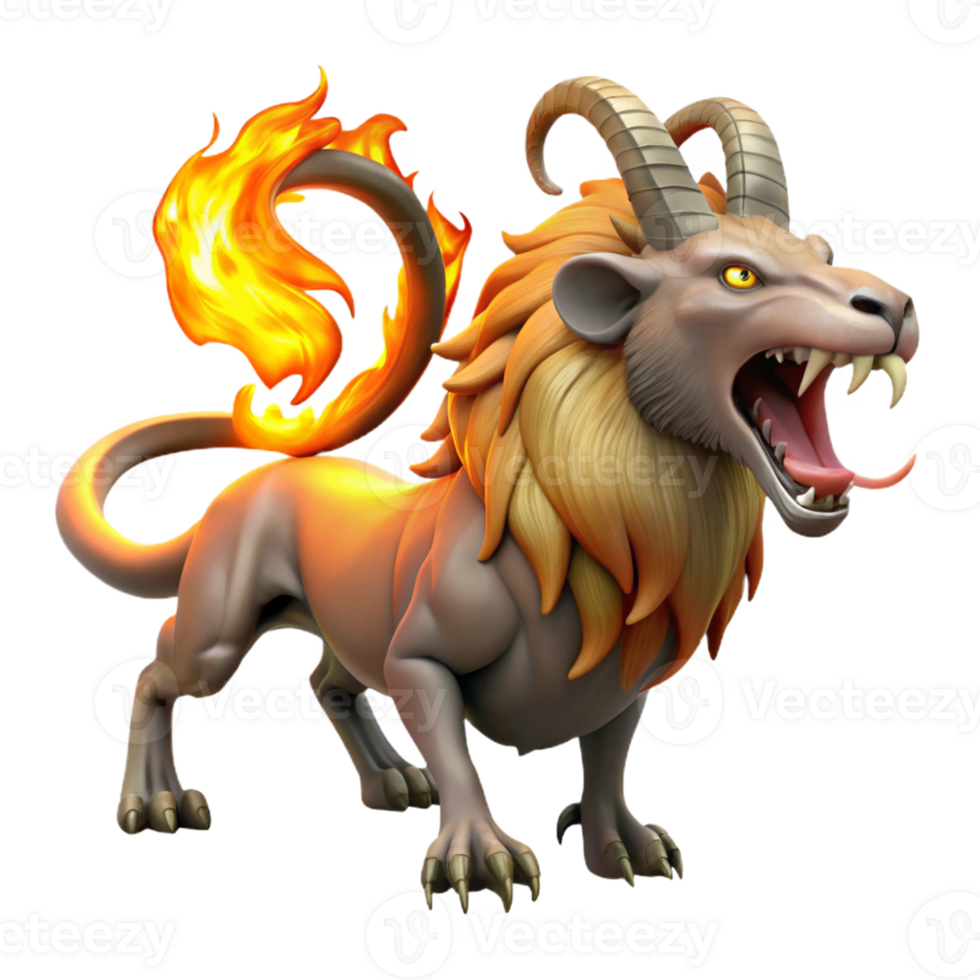 magnificent abstract A fearsome chimera with a lion's head, a goat's body, and a serpent's tail, breathing fire, lit by the orange glow of the flames, in a medieval tapestry style exclusive png