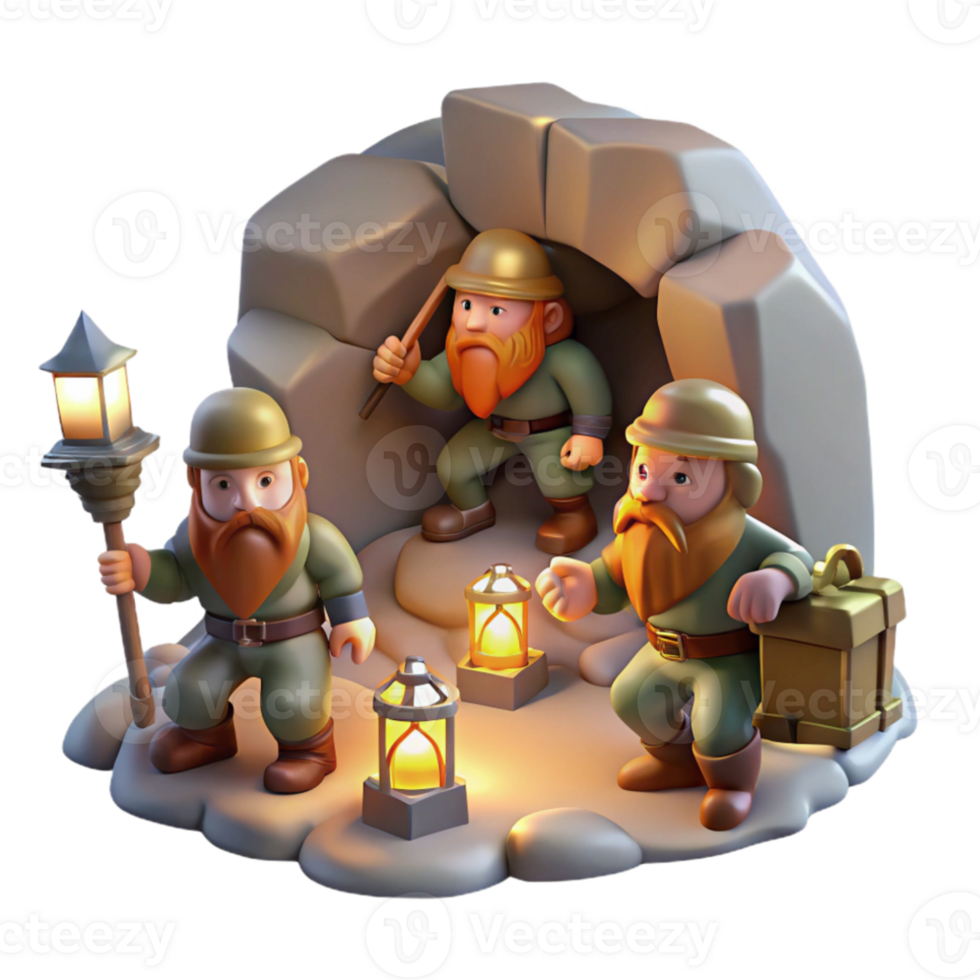 serene minimalist A group of dwarves mining for gems in a deep cavern, lit by the flickering glow of their lanterns, in a Tolkien-esque fantasy style original png
