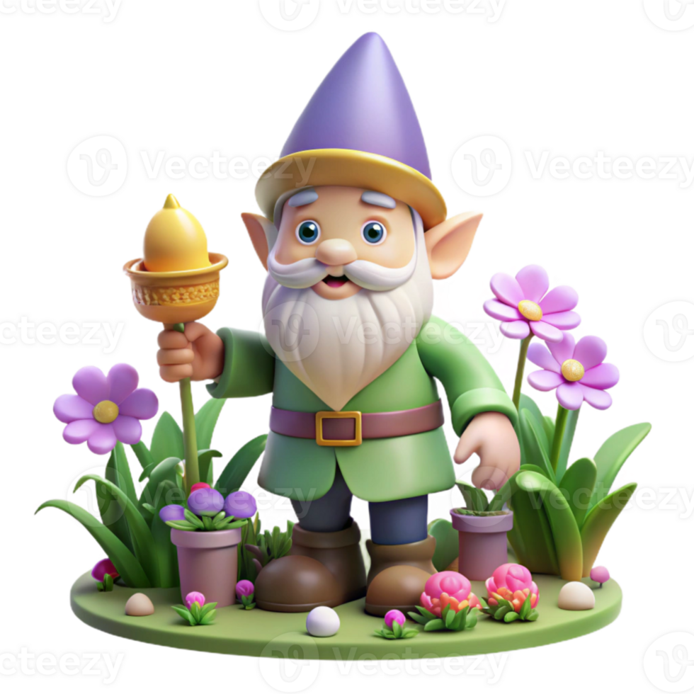 extraordinary artistic A whimsical gnome with a pointed hat and oversized boots, tending a magical garden filled with glowing flowers. Warm lighting, storybook illustration style authentic png
