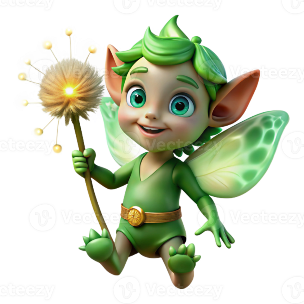 wonderful abstract A mischievous pixie with glowing green eyes, holding a dandelion seedhead, surrounded by swirling fireflies. Digital painting style detailed png