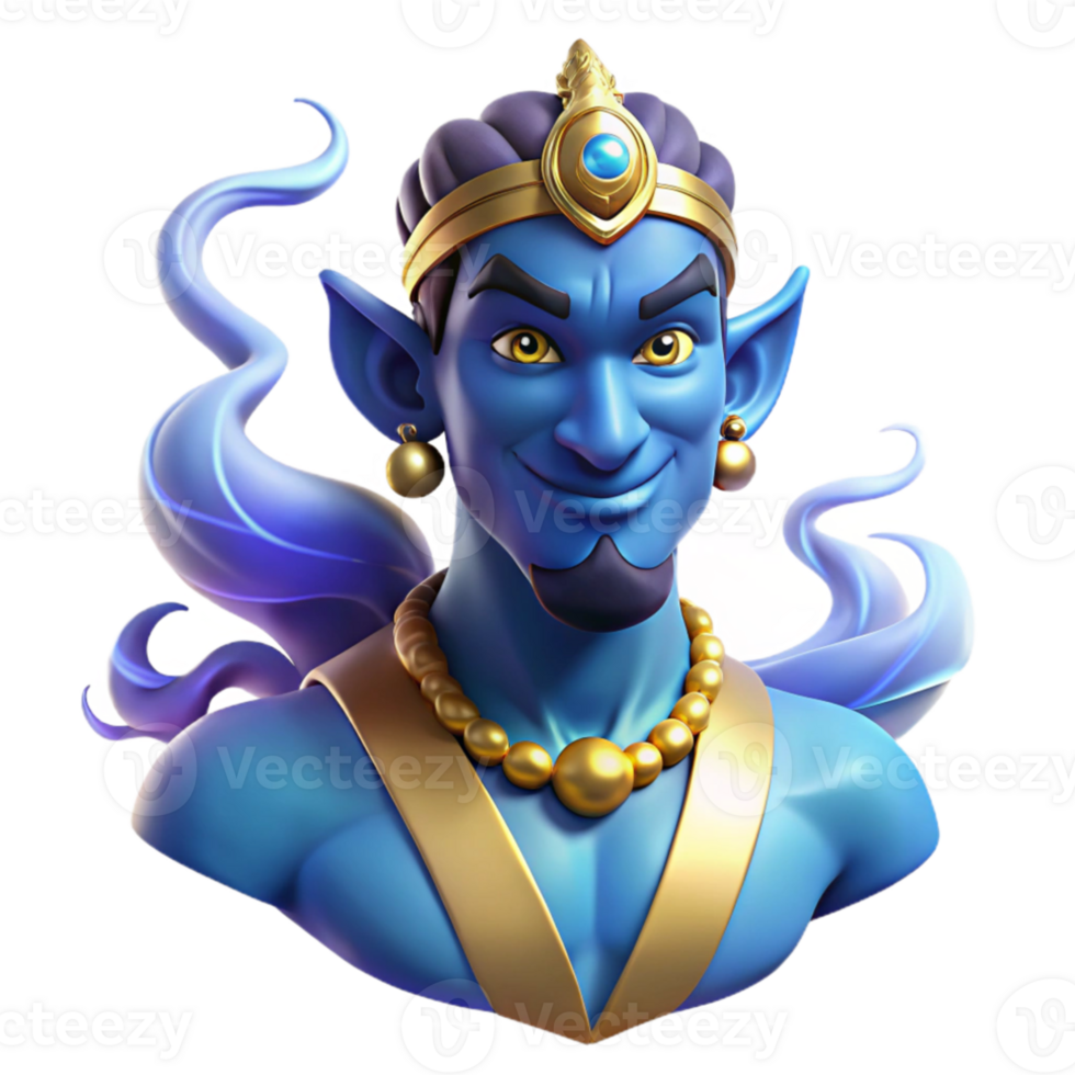 serene modern Portrait of a powerful djinn with swirling smoke for a body, piercing blue eyes, and ornate golden jewelry. Ethereal, glowing lighting professional png
