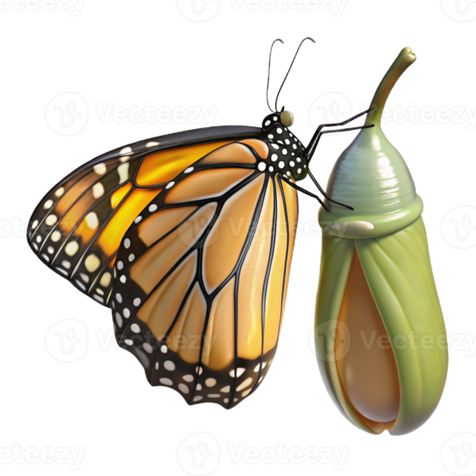dramatic contemporary A monarch butterfly emerging from its chrysalis, wings still wet, macro photography, soft, natural lighting authentic png