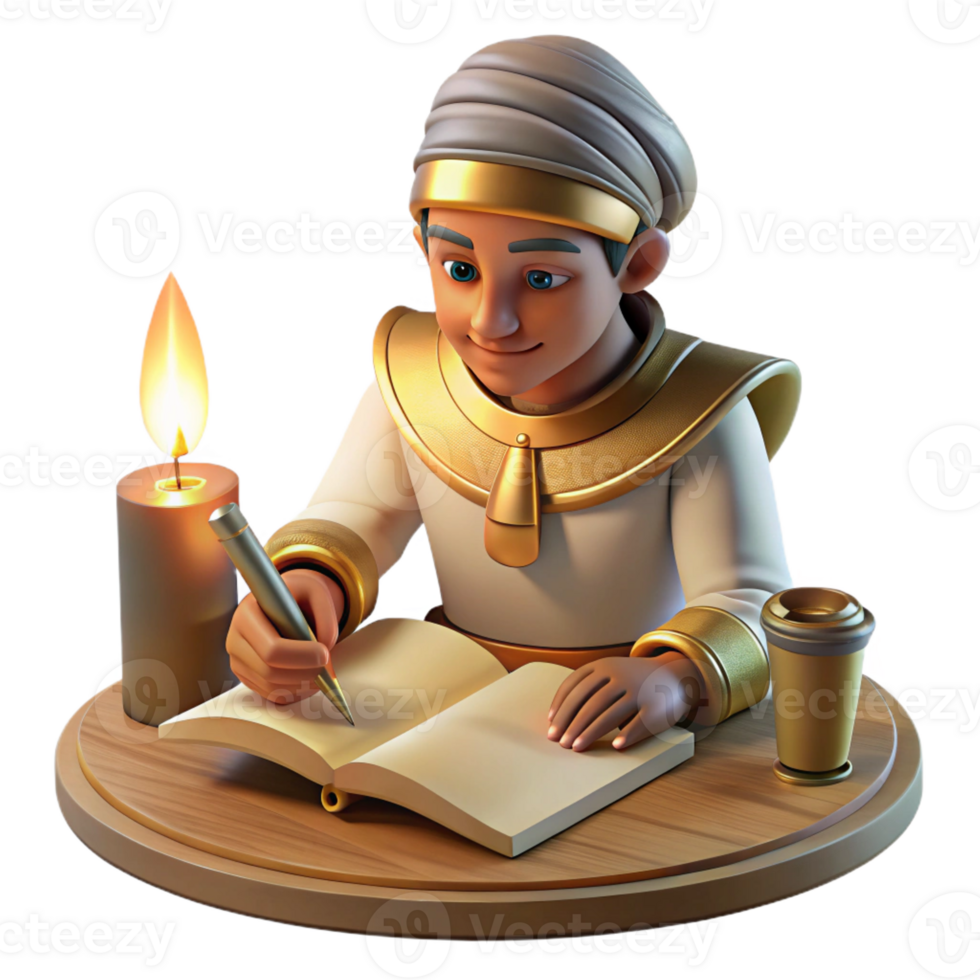 elegant creative An Egyptian scribe meticulously paints hieroglyphs onto a papyrus scroll by the flickering light of an oil lamp, detailed miniature painting style, warm, intimate lighting premium png