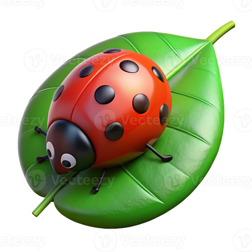 dramatic rustic A tiny ladybug crawling on a bright green leaf, its red shell dotted with black spots, in a macro photography style professional png