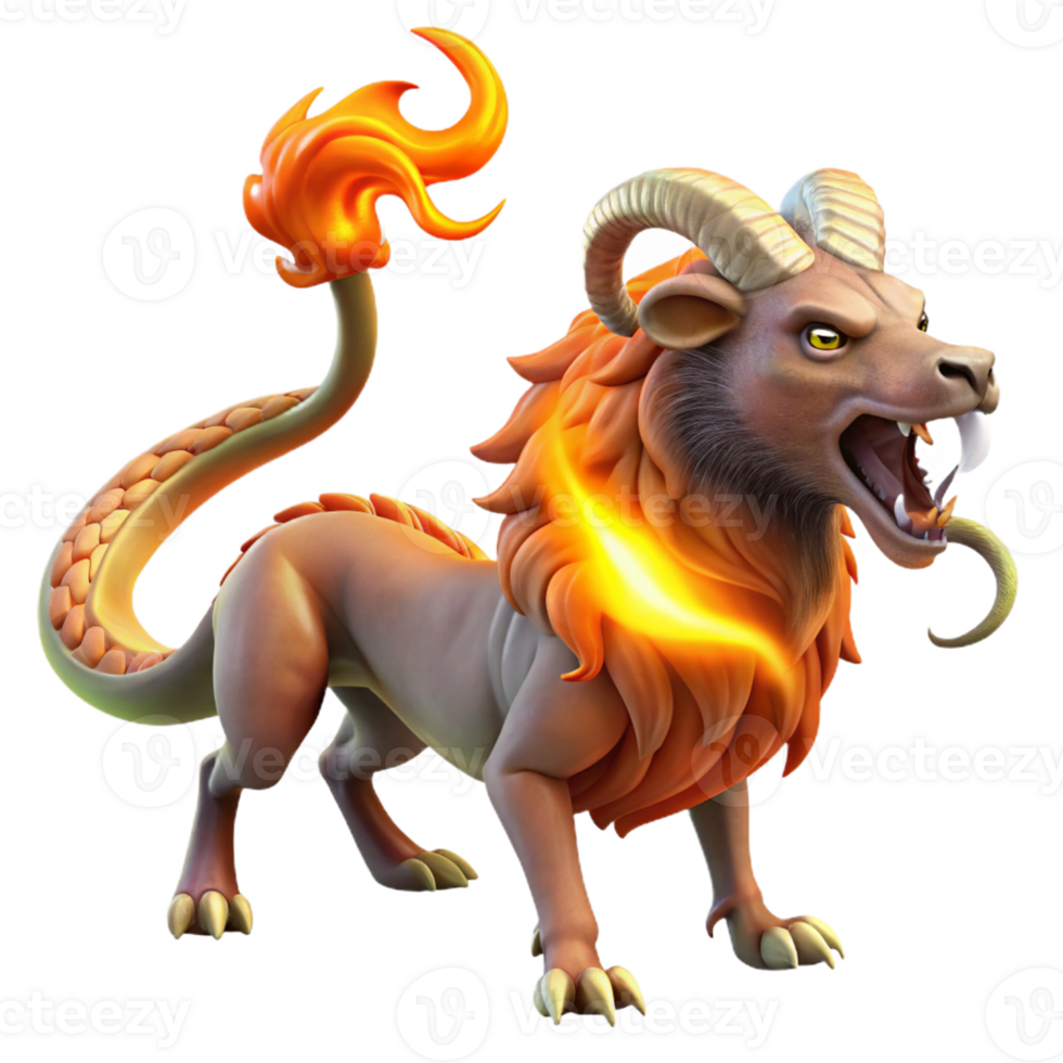 elegant modern A fearsome chimera with a lion's head, a goat's body, and a serpent's tail, breathing fire, lit by the orange glow of the flames, in a medieval tapestry style exclusive png