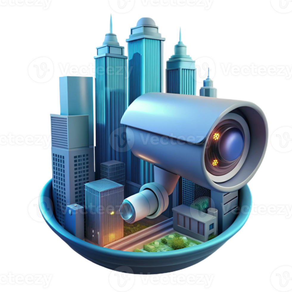 stunning traditional A futuristic security camera scanning a cityscape, surveillance technology theme, night time lighting authentic png