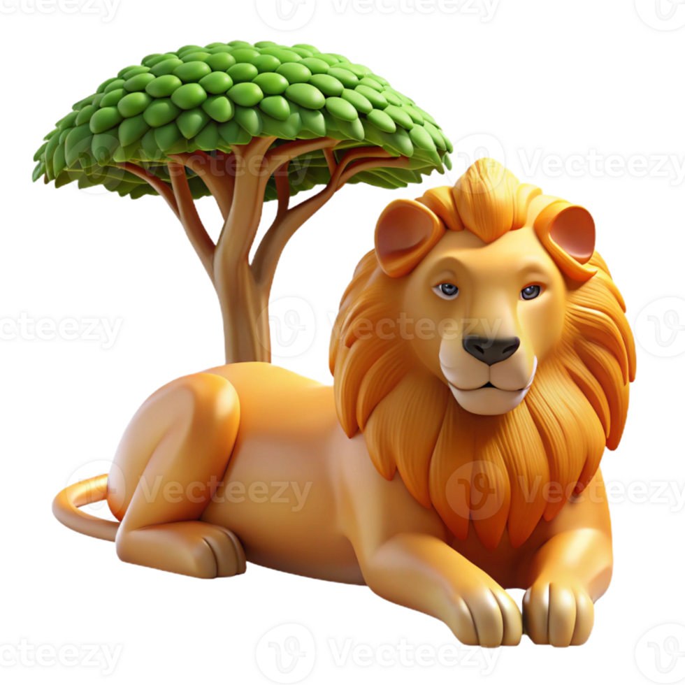 stunning modern A regal lion resting in the shade of an acacia tree, depicted in a realistic style with warm, golden light and intricate fur detail exclusive png