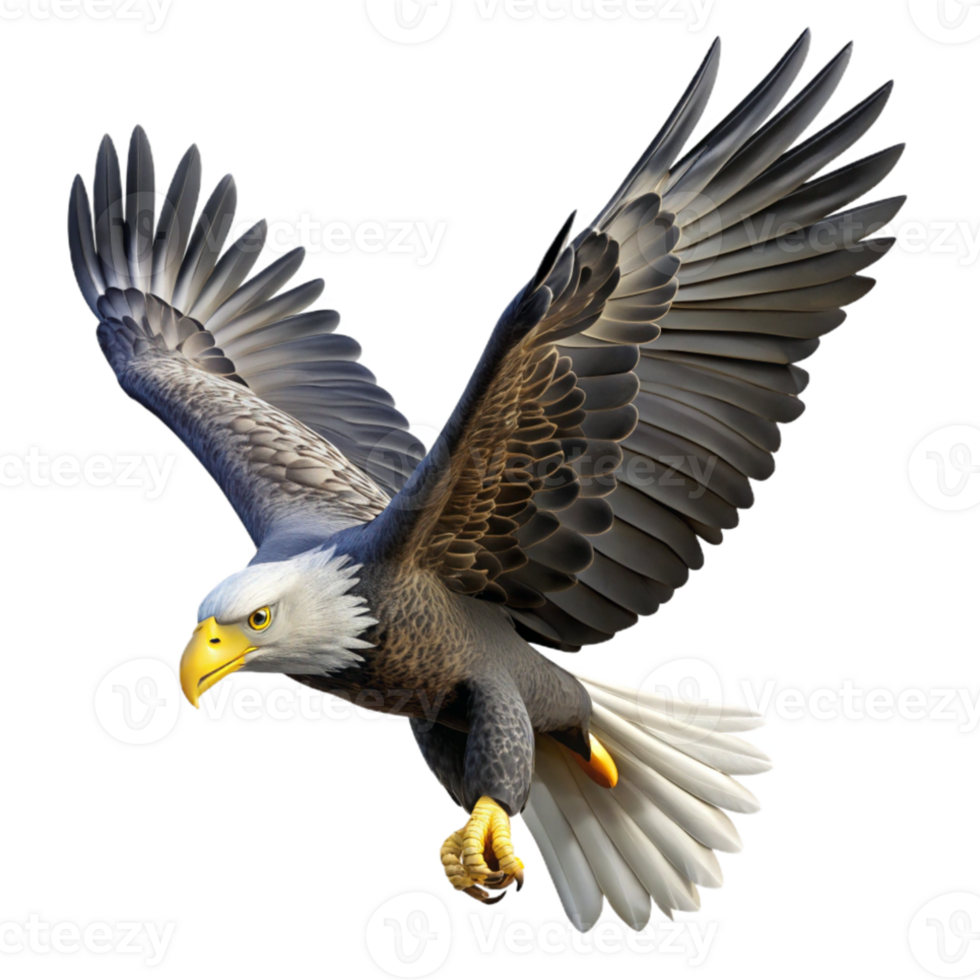 stunning artistic A majestic bald eagle soaring through the air, powerful wings, sharp talons, realistic style genuine png