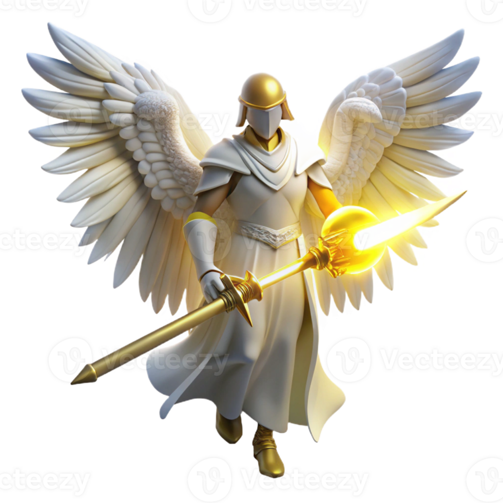 elegant vintage A powerful, angelic being with feathered wings of pure white, holding a glowing sword, illuminated by a divine, golden light. Angelic art style detailed png