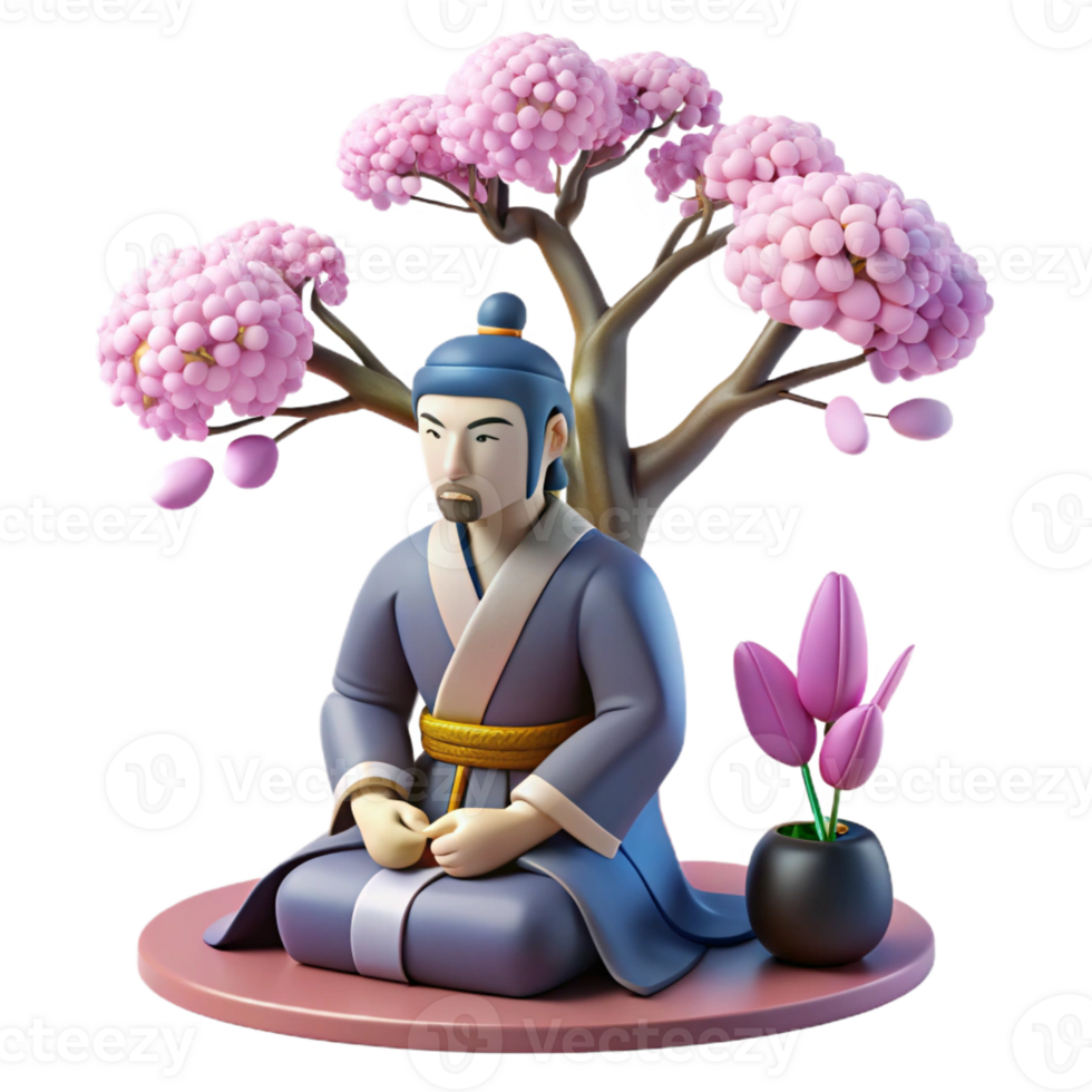 dramatic creative A samurai warrior meditates beneath a cherry blossom tree, soft, diffused lighting, ukiyo-e woodblock print style original png