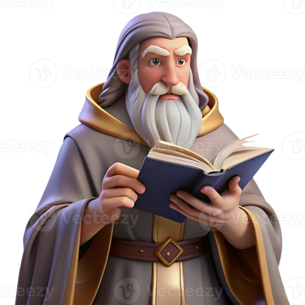 beautiful modern A wise old wizard with a long white beard and flowing robes, reading from an ancient tome. Soft lighting, classical painting style genuine png