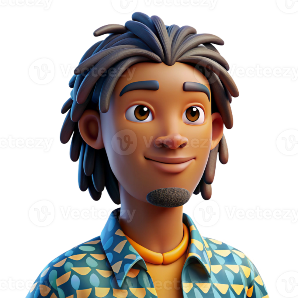 vibrant minimalist Portrait of a young man with dreadlocks and a thoughtful gaze, wearing a colorful patterned shirt. Soft, diffused lighting. Style art detailed png