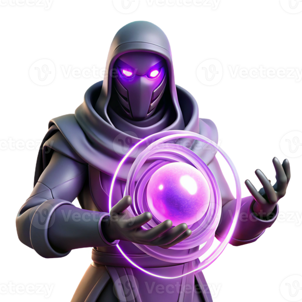 vibrant creative An enigmatic, masked figure holding a glowing orb, standing amidst a swirling vortex of energy, illuminated by a mysterious, purple light. Sci-fi fantasy art style exclusive png
