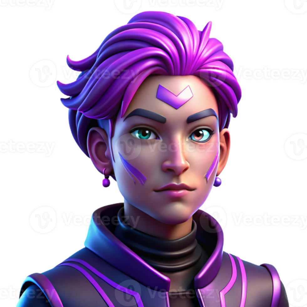 impressive minimalist Portrait of a nonbinary person with vibrant purple hair and intricate face paint, illuminated by neon lights, in a cyberpunk style high quality png
