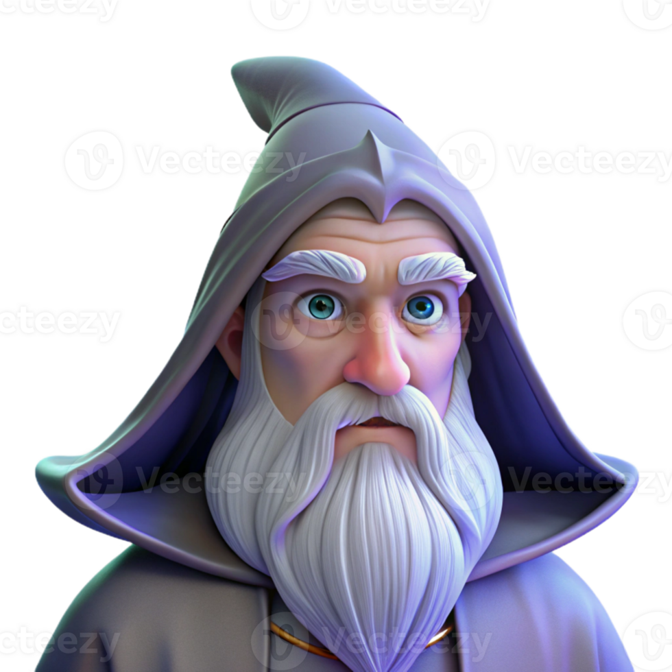 magnificent modern Portrait of a wise old wizard with a long white beard and twinkling eyes, lit by a magical glow, in a fantasy art style original png