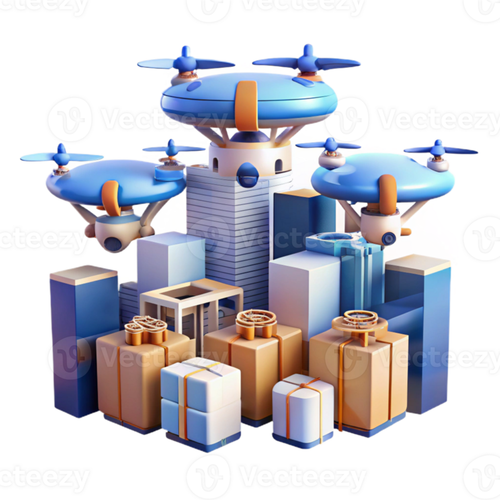 beautiful vintage A group of drones delivering packages in a futuristic city, daylight, logistical style high resolution png