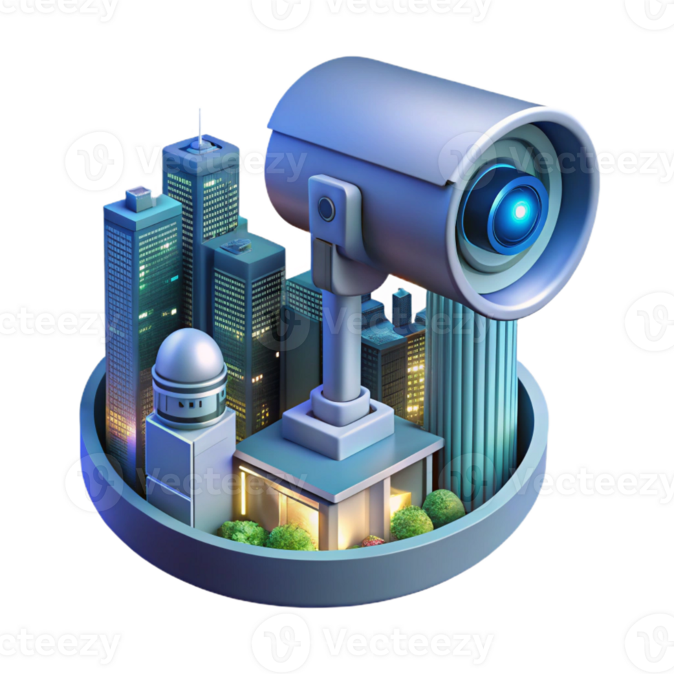 beautiful rustic A futuristic security camera scanning a cityscape, surveillance technology theme, night time lighting professional png
