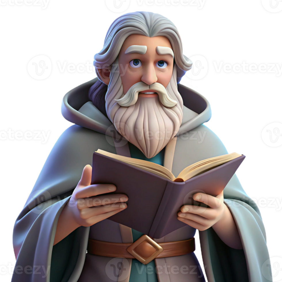 impressive vintage A wise old wizard with a long white beard and flowing robes, reading from an ancient tome. Soft lighting, classical painting style authentic png