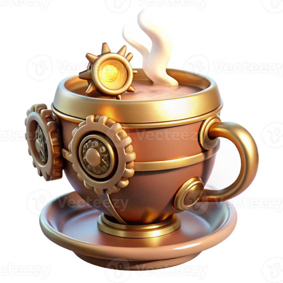 wonderful artistic A whimsical steampunk teacup, porcelain with brass accents and gears, steam rising from the hot tea, warm, inviting lighting professional png