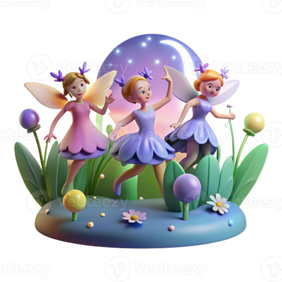 impressive rustic A group of fairies dancing in a moonlit meadow, surrounded by glowing flowers, in a whimsical, Art Deco style high quality png