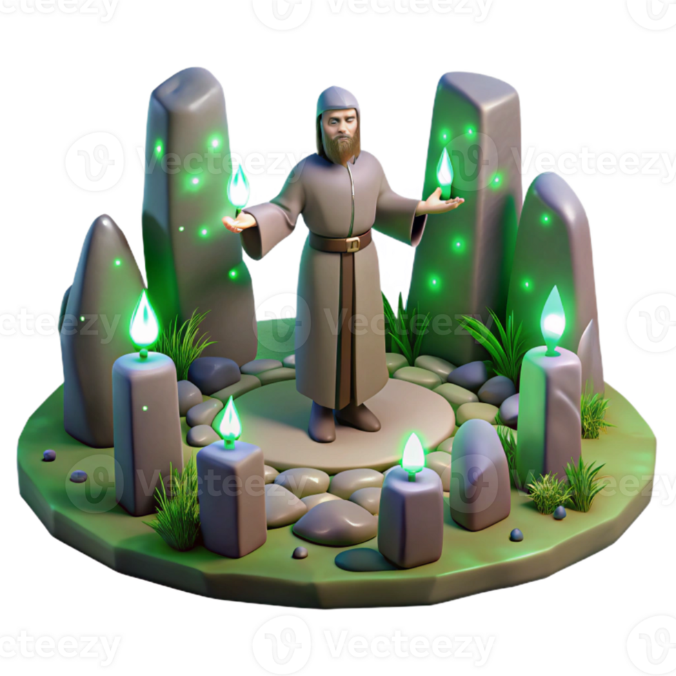 wonderful classic A wise druid performing a ritual in a stone circle, surrounded by glowing runes. Mystical atmosphere, soft lighting. Celtic style professional png