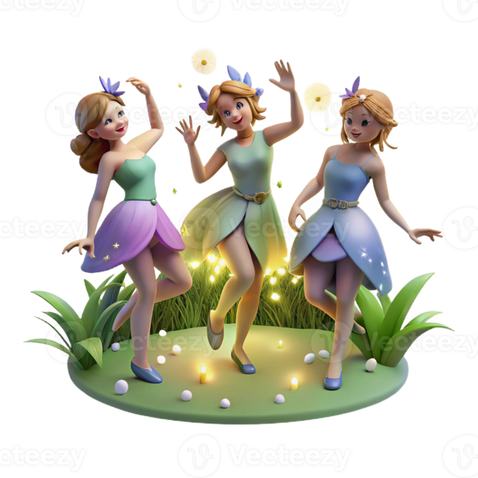 extraordinary creative A group of nymphs, dancing in a moonlit forest clearing, adorned with flowers and glowing fireflies. Dreamlike, ethereal lighting. Romantic style professional png