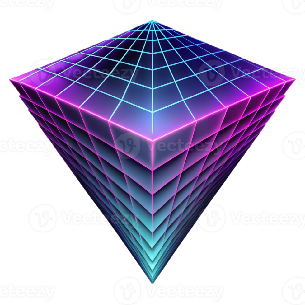 beautiful classic Geometric fractals cascading down in a gradient from vibrant magenta to deep violet, backlit by a grid of neon turquoise lines. Synthwave style authentic png