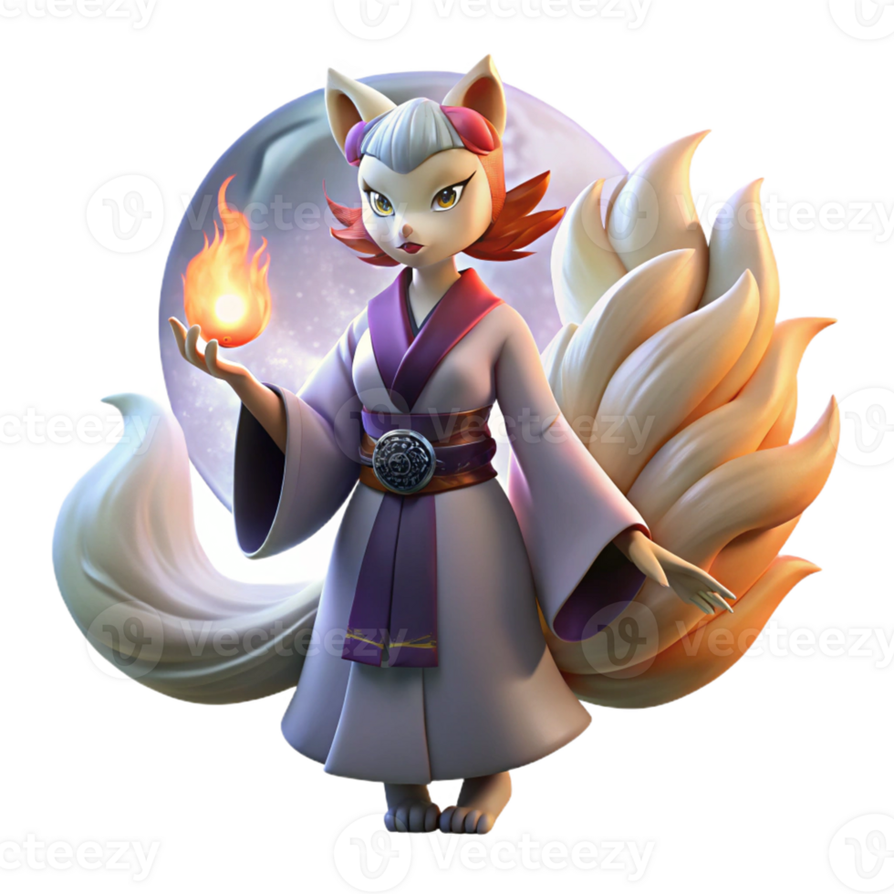 beautiful abstract A cunning kitsune, a nine-tailed fox spirit, transforming into a beautiful woman under the light of a full moon. Mystical, moonlit lighting. Ukiyo-e style professional png