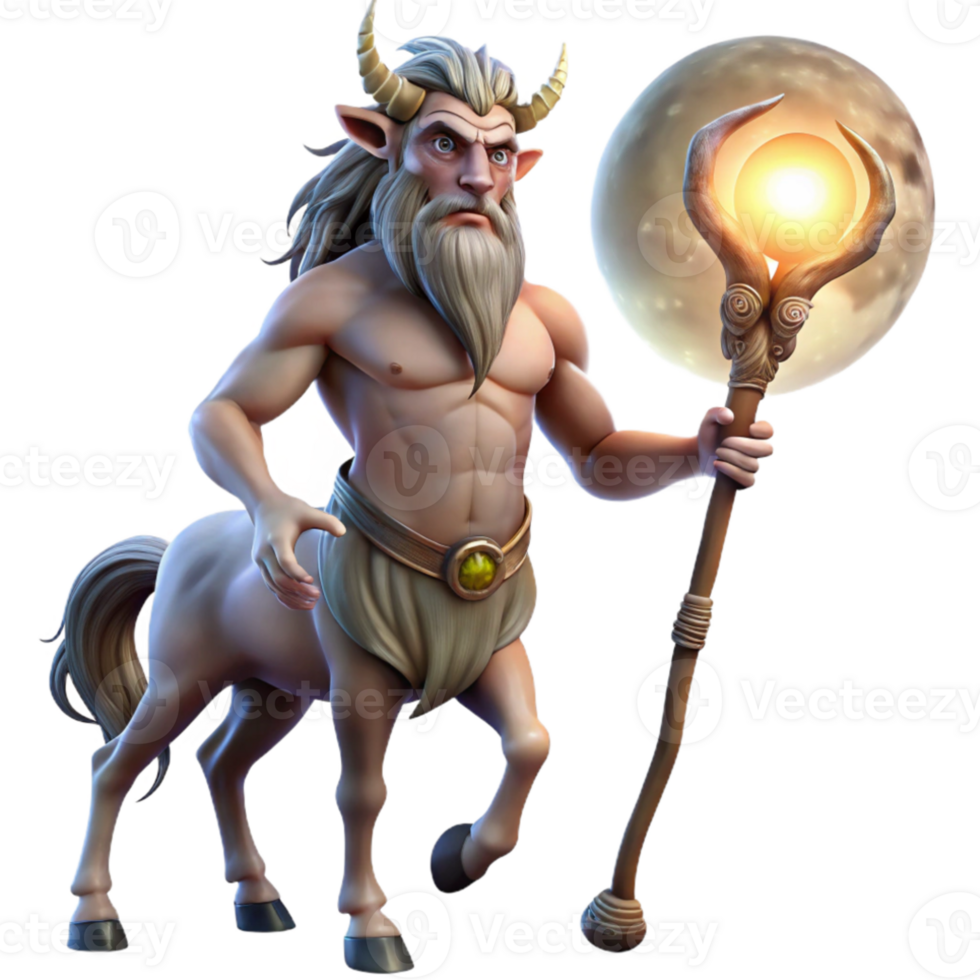 vibrant artistic A wise old centaur with intricate tribal tattoos, holding a staff of twisted wood, lit by the ethereal glow of a full moon. Detailed, realistic style exclusive png