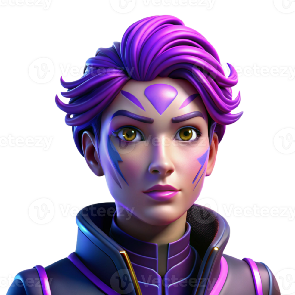 serene minimalist Portrait of a nonbinary person with vibrant purple hair and intricate face paint, illuminated by neon lights, in a cyberpunk style exclusive png