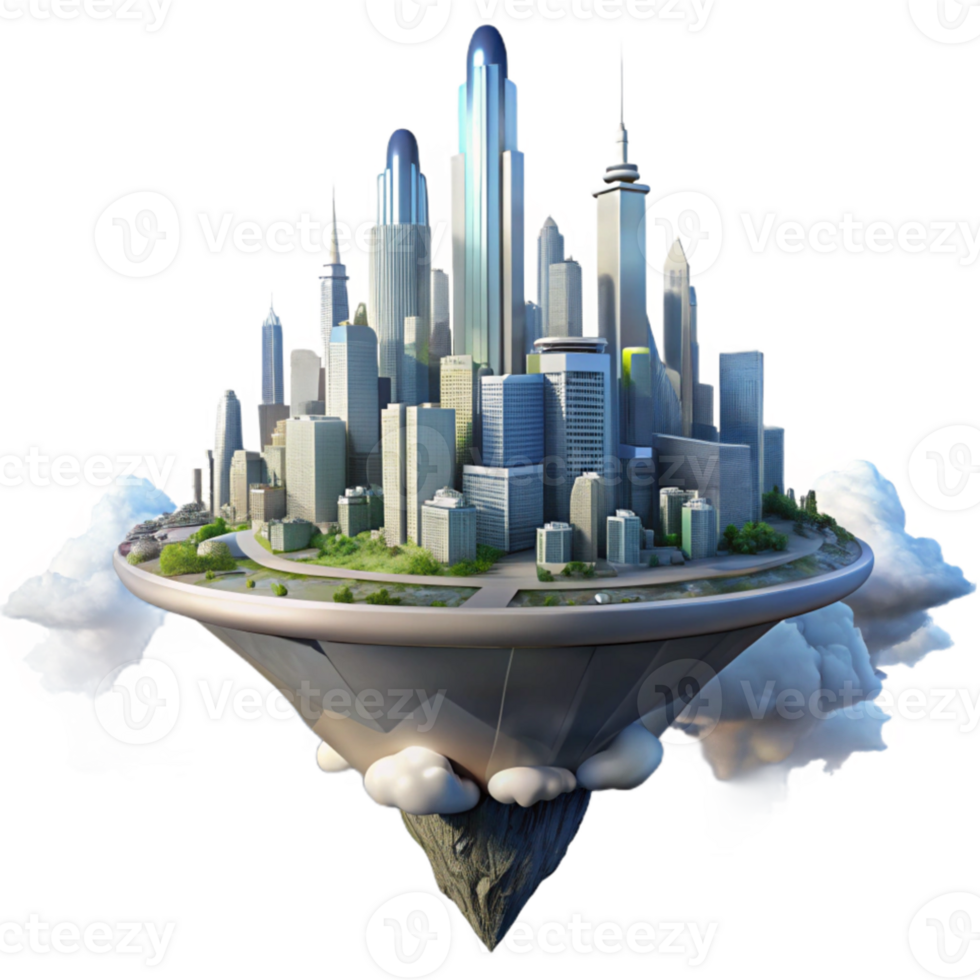 elegant modern Floating island city, futuristic skyscrapers, clouds below, aerial perspective, dreamlike atmosphere, digital painting high resolution png
