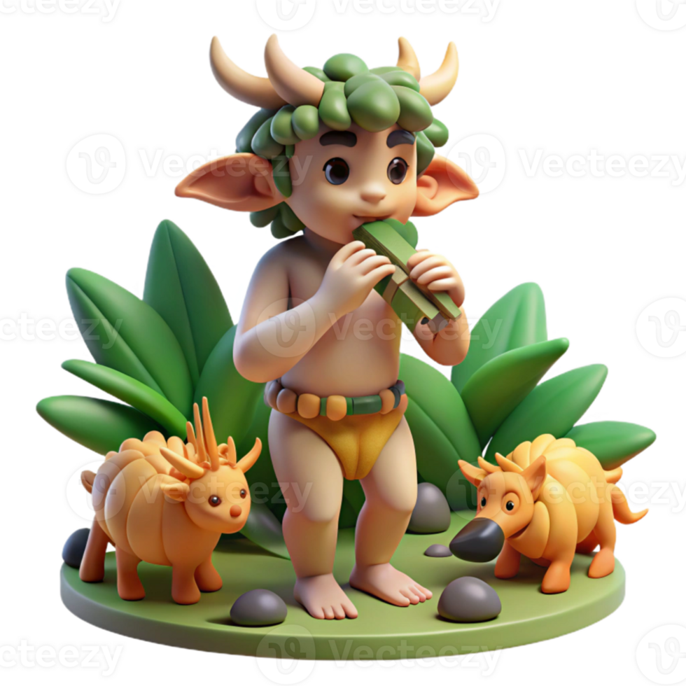 stunning artistic A mischievous satyr playing a pan flute, surrounded by playful nymphs. Lush forest details, soft, dappled lighting. Impressionist style high resolution png