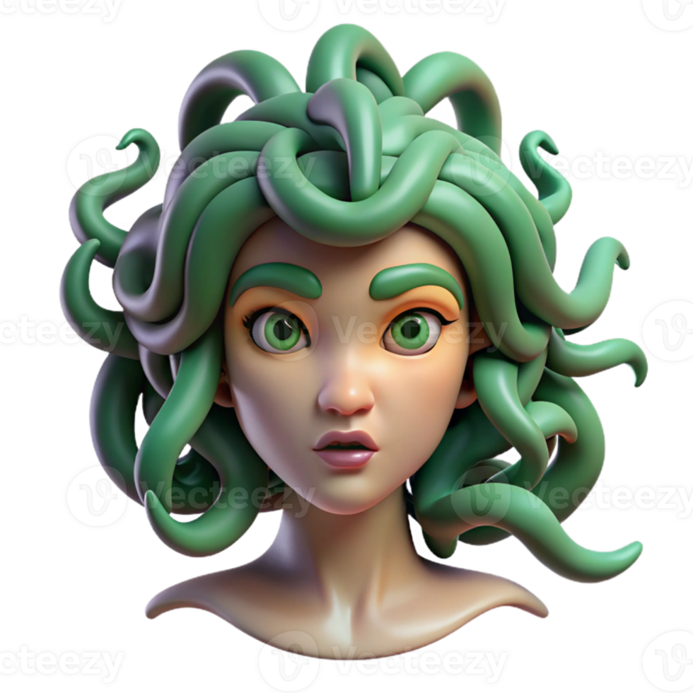 vibrant artistic Medusa, with snakes for hair, each with individual scales and emerald eyes, a terrifying yet beautiful expression, in a surreal, Art Nouveau style high resolution png
