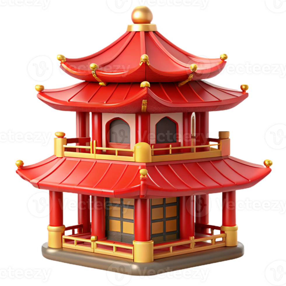 serene classic Traditional Chinese pagoda, tiered roof, red and gold details, intricate carvings, oriental style genuine png