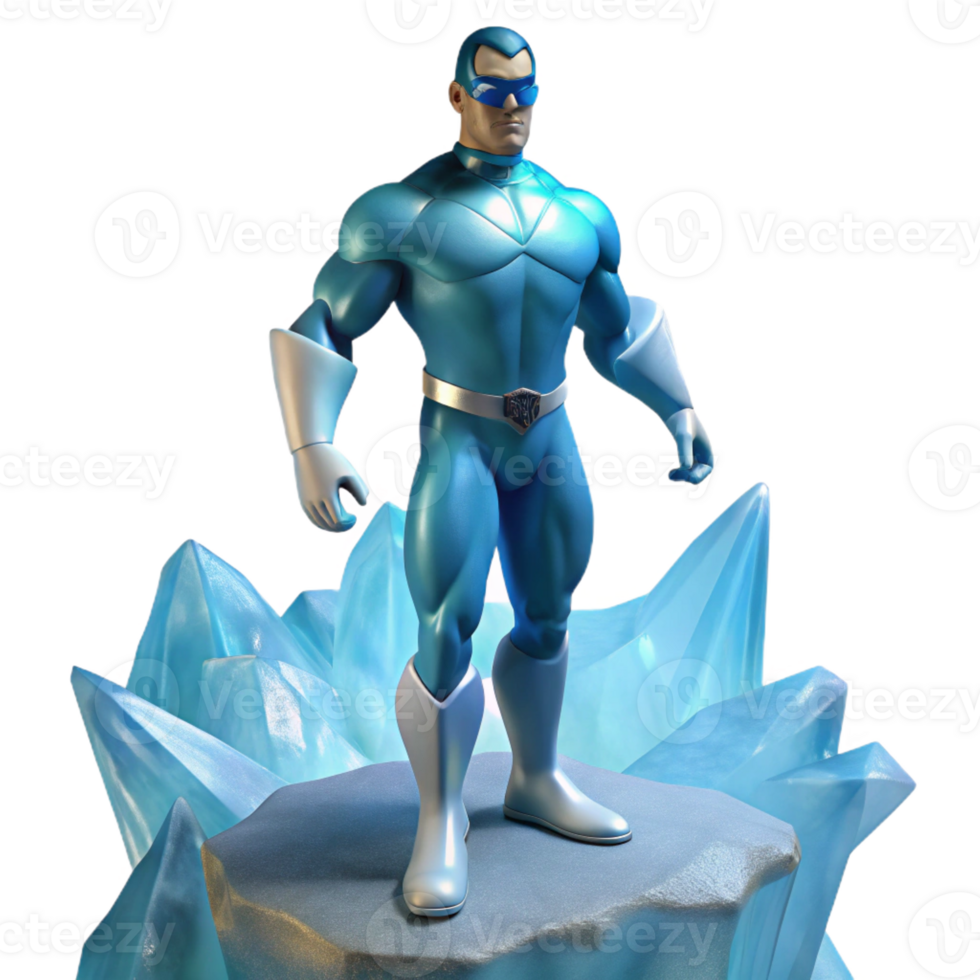 impressive abstract An ice superhero with crystalline skin, freezing breath visible in the air, standing on a glacier, arctic lighting, realistic painting style high resolution png
