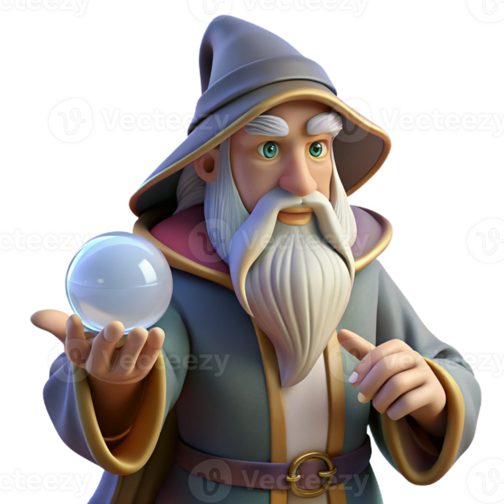 serene contemporary A wise old wizard with a long white beard, holding a glowing crystal ball. Renaissance painting style original png