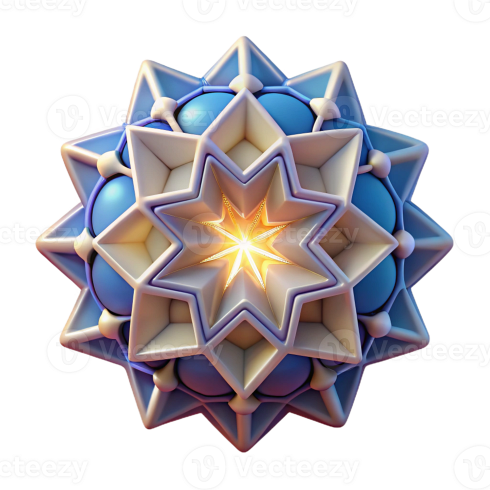 wonderful creative A cluster of glowing, geometric shapes, arranged in a symmetrical pattern, inspired by Islamic art, illuminated by soft, diffused light exclusive png
